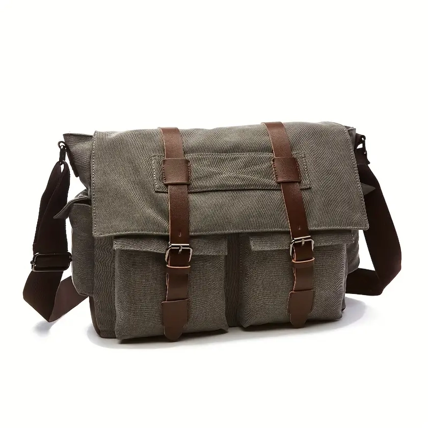 1pc Men's Casual Messenger Bag, Motorcycle Stye Travel Satchel Bag, Retro Canvas Bag, Durable Wear-resistant Tool Bag