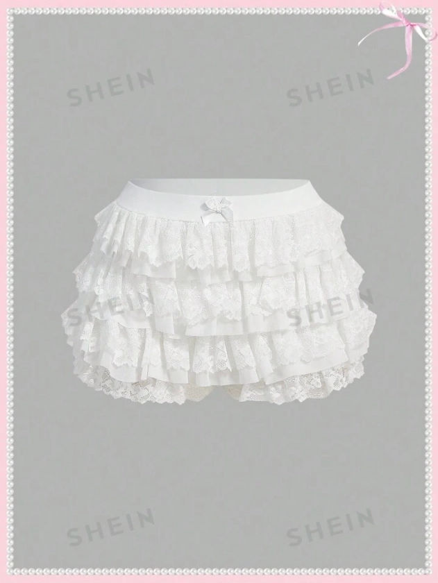 SHEINNeu Shorts de verano, estilo balletcore para mujer con lazo dulce kawaii, contraste de malla y encaje, ribete de volantes, cintura baja, micro minishorts, ideal para vacaciones en la playa