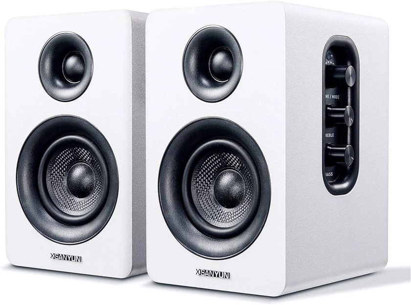 Sanyun SW208 3" Active Bluetooth 5.0 Bookshelf Speakers – 60W Carbon Fiber Unit - Built-in 24bit DAC - Dynamic 3D Surround Sound – 2.0 Computer PC Monitor Gaming Speakers (Pair, White)