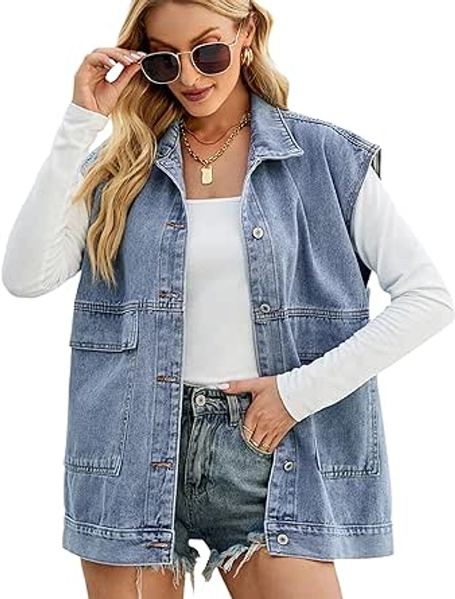 Huaqiao Womens Denim Vest Mid long Jacket Jean Sleeveless Vest with Pockets(Blue-XL) at Amazon Women's Coats Shop