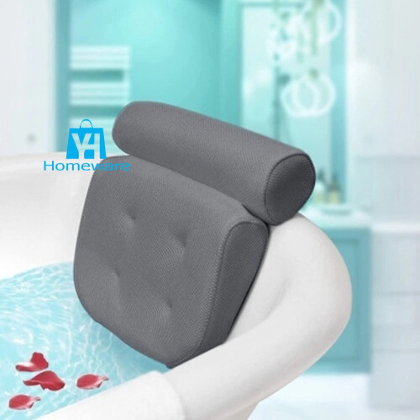 (Grey) Luxury Bath Spa Pillow Suction Cups Cushioned Spongy Relaxing Bathtub Cushion on OnBuy