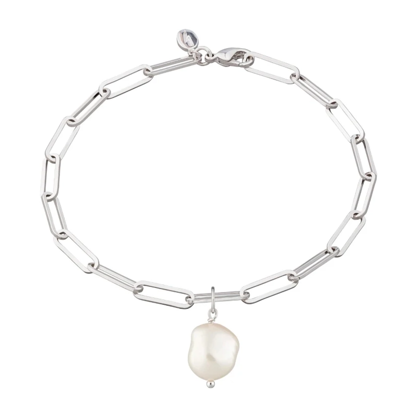 Silver Long Link Bracelet With Baroque Pearl
