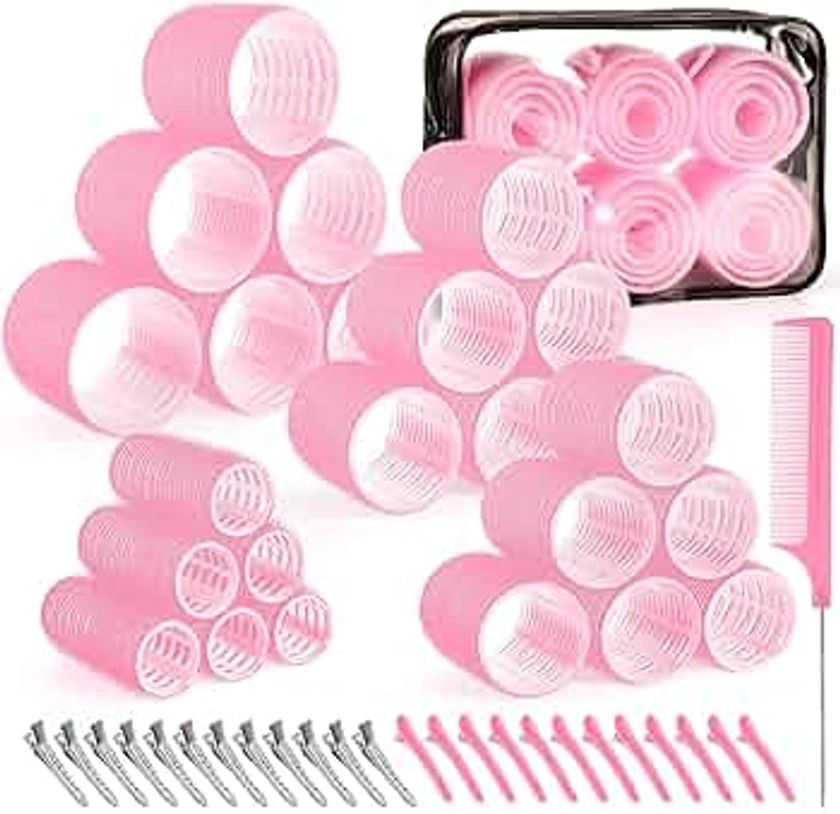 4 Sizes Self-Grip Hair Rollers Set for Long, Short Hair and Bangs - 50 Pcs with Clips (25mm, 36mm, 48mm, 60mm), Pink