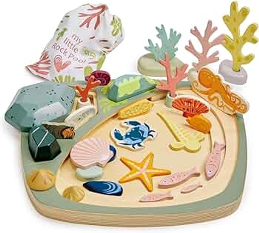 Tender Leaf Toys - My Little Rock Pool - 35 Piece Wooden Sea Life Set with Illustrated Drawstring Bag - Educational Play toy, Improve Fine Motor Skills, Shape Sorting Play for Boys and Girls - Age 3 +