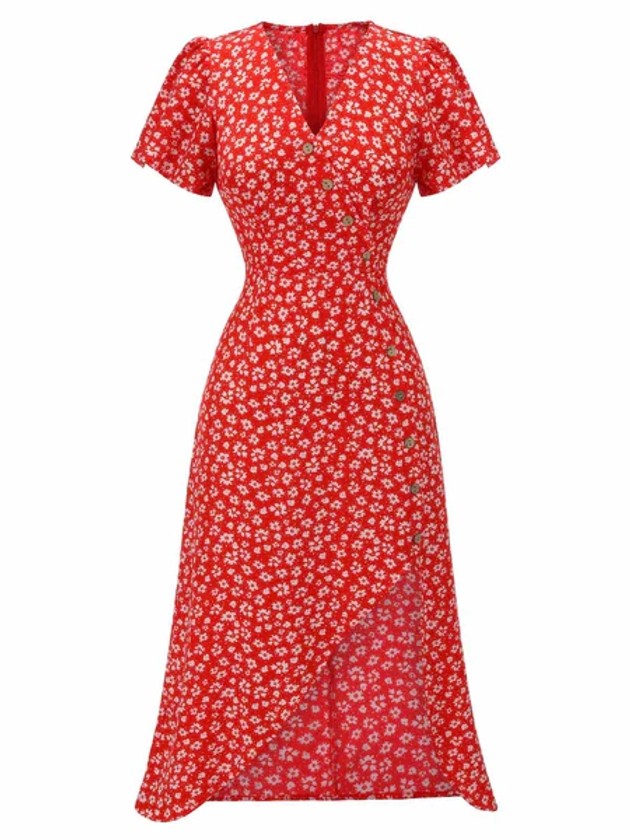 Red 1940s Floral V-Neck Added Button Dress