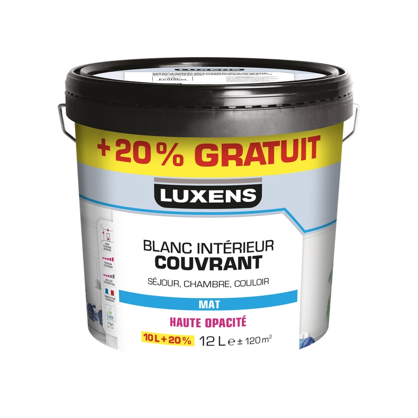 Peinture mur, plafond, boiserie blanc mat LUXENS Couvrant 10L+20% gratuit | Leroy Merlin