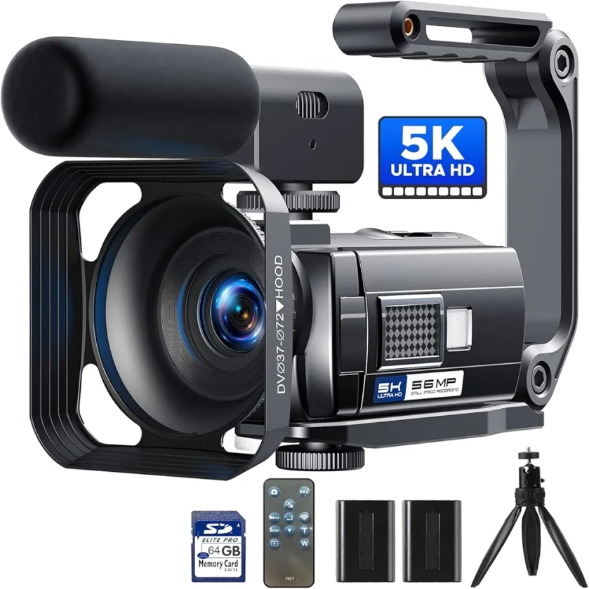 Caméra vidéo 5K 56MP Caméscope Vlogging Caméra YouTube, WiFi Vision nocturne 3" Écran tactile rotatif à 270° Video Camera avec carte 64 Go, microphone, stabilisateur, télécommande, 2 piles, trépied