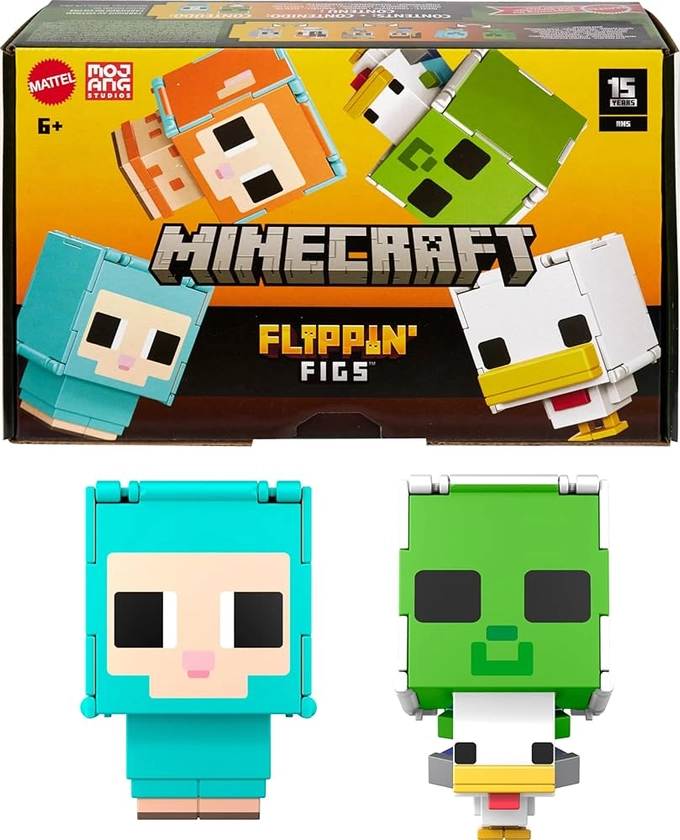 Mattel Minecraft Flippin’ Figs Sheep & Chicken Figures 2-Pack with 2-in-1 Fidget Play, Large Heads & Pixelated Design (Amazon Exclusive)