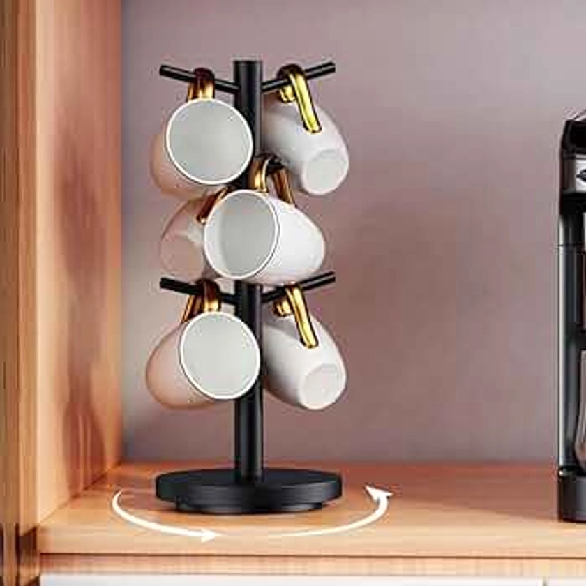 Coffee Mug Holder Tree, Upgraded 360° Rotated Coffee Cup Holder for Counter, Wood Coffee Mug Tree, Coffee Mug Rack with 6 Hooks, Coffee Mug Organizer Station, Mug Stand Coffee Bar Accessories, Black