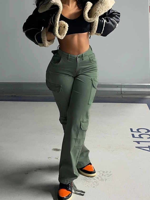 Women&#39;s Streetwear Jeans, Plus Size Plain Green Y2K High Waist Side Flap Pocket Straight Utility Style Cargo Denim Pants