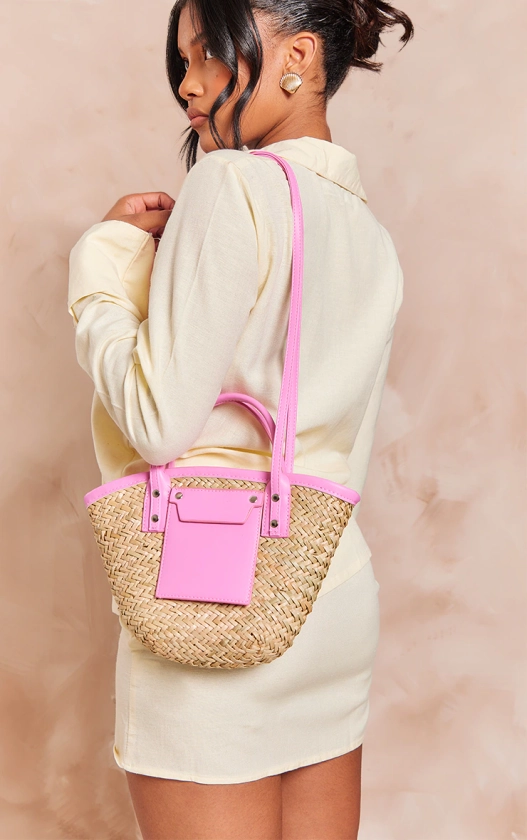 Pink Pu Trim Straw Mini Beach Bag