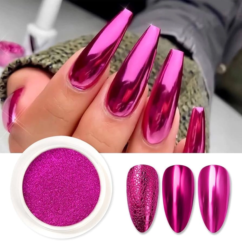 1 Jar Hot Pink Chrome Nail Powder Magic Metallic Mirror Effect for Gel Nails Art Design Holographic Magenta Red Nail Glitter Pigment Powder Reflective Manicure Dust Decoration with Tool