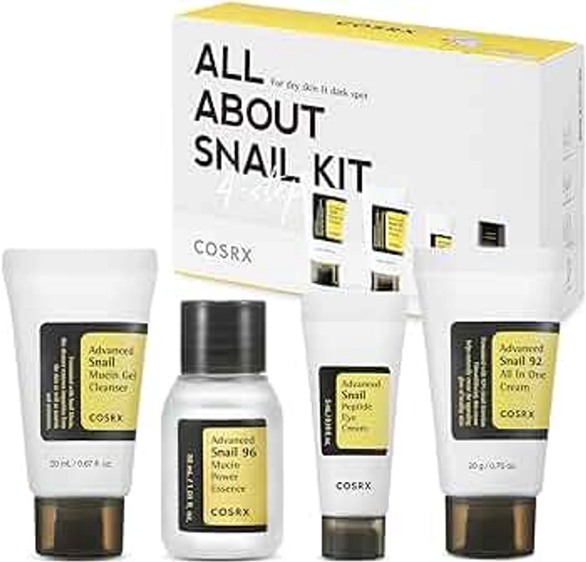 COSRX All About Snail Mucin Korean Skin Care Set, Mini Travel Essentials, Travel Size Gift Set with Snail Mucin Face Wash, Serum, Moisturizer & Eye Cream, Rejuvenating Kit