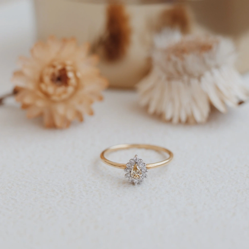 Dainty Pear Shape Yellow Diamond Engagement Ring