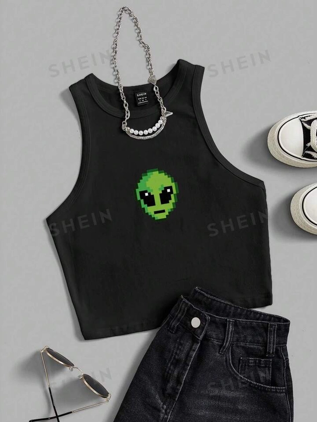 SHEIN EZwear Camiseta de tirantes redonda y ajustada con patrón de alienígena simple y casual para mujer, adecuada para el verano