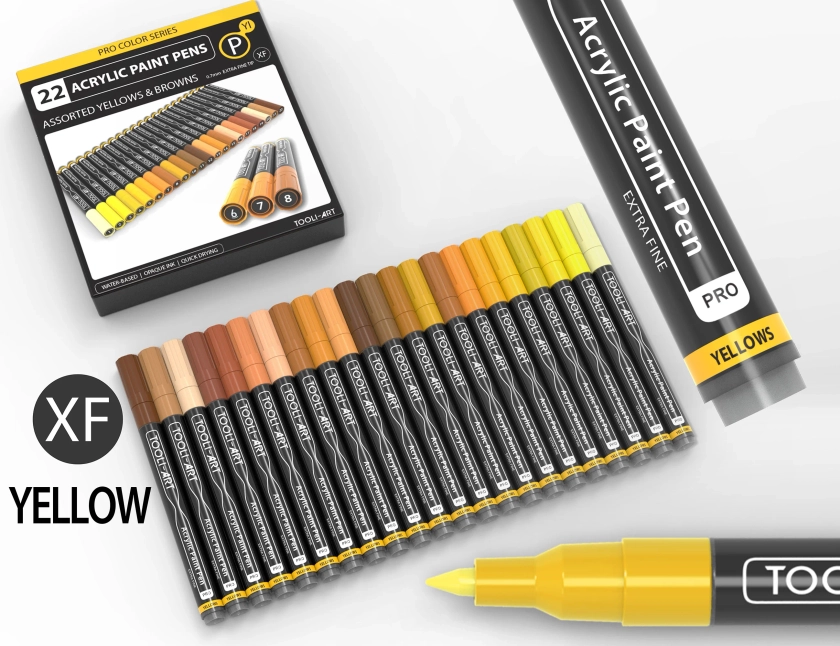 Acrylic Paint Pens 22 Assorted Yellow & Browns Pro Color Series Specialty Markers Set (0.7mm EXTRA FINE)