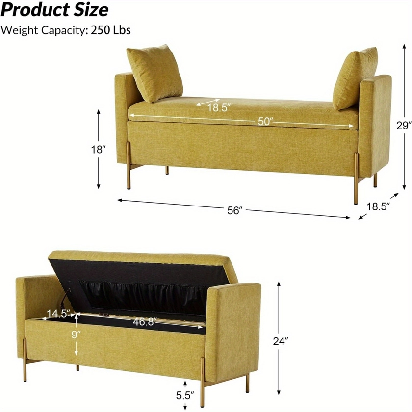 Modern Storage Ottoman Bench with Throw Pillows, Metal Leg Bedroom Bench for End of Bed, Comfy Upholstered Footstool for Entryway, Mustard