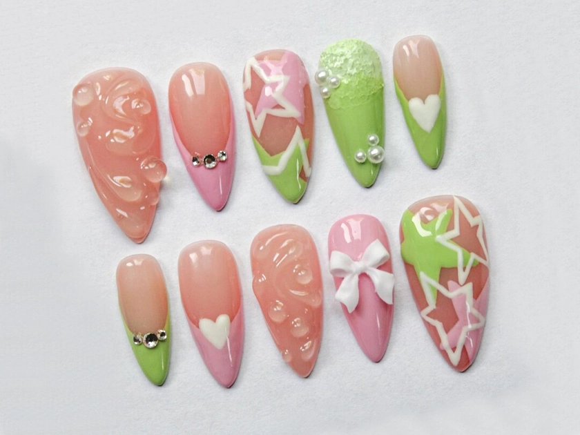 Kawaii Pink and Green Press On Nails | 3D Bow, Heart, Star, and Pearl Design | Handcrafted Pastel Nail Art | Cute Nails | JC394S