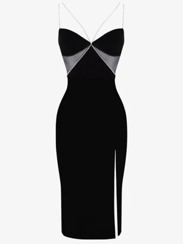 Black Diamanté Strap Cutout Midi Dress