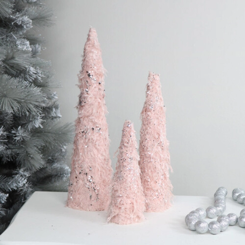 Set of 3 Pink Fur Sequin Christmas Cones on OnBuy