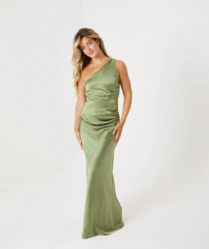 One Shoulder Satin Ruched Bridesmaid Dress - Moss Green