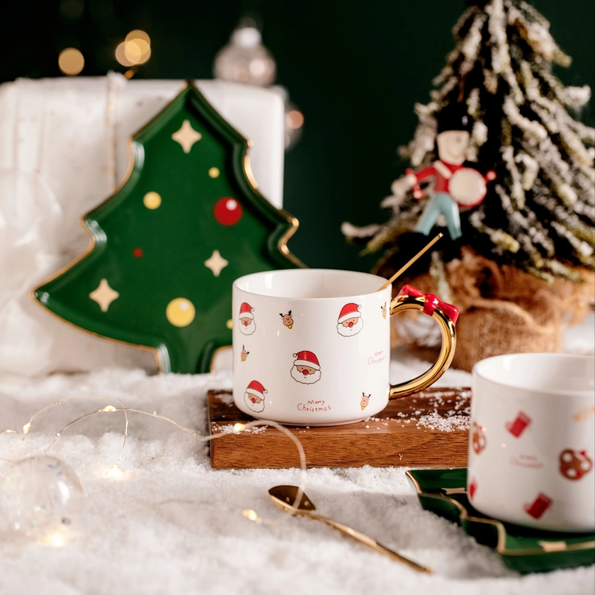 Ensemble de tasses à café en céramique de Noël, tasse à café de 240 ml avec soucoupe et cuillère, lavage à la main uniquement, multi-usage pour le petit-déjeuner, *, * de l'après-midi, *, le jardin, *, recyclable, cadeau de Noël *