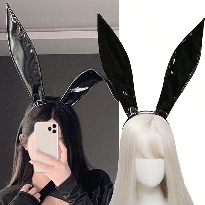 Linda diadema de orejas de conejito de piel sintética negra para mujeres, orejas de conejo sexy y moldeables para juegos de rol, vestirse en fiestas, cosplay y maquillaje.