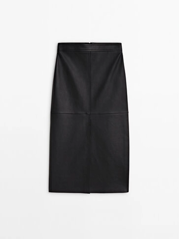 Black nappa leather midi skirt with slit - Massimo Dutti United Kingdom
