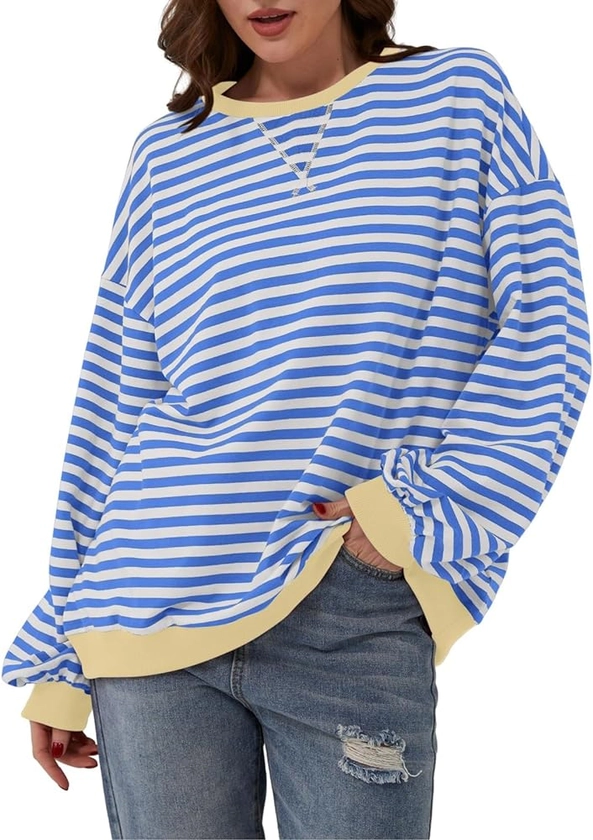 Sweaters for Women Classic Striped Oversized Crewneck Color Block Long Sleeve Casual Sweatshirt Loose Y2k Tops