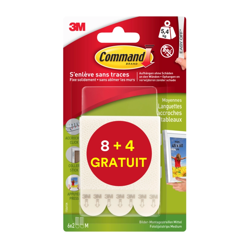 Lot de 8 languettes de fixation COMMAND, blanc + 4 gratuites