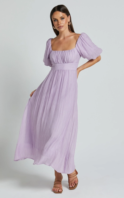 Roshina Midi Dress - Straight Neck Puff Sleeve Dress in Lavender