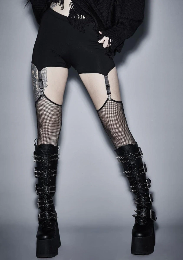 Widow Punk Fishnet Garter Leggings - Black