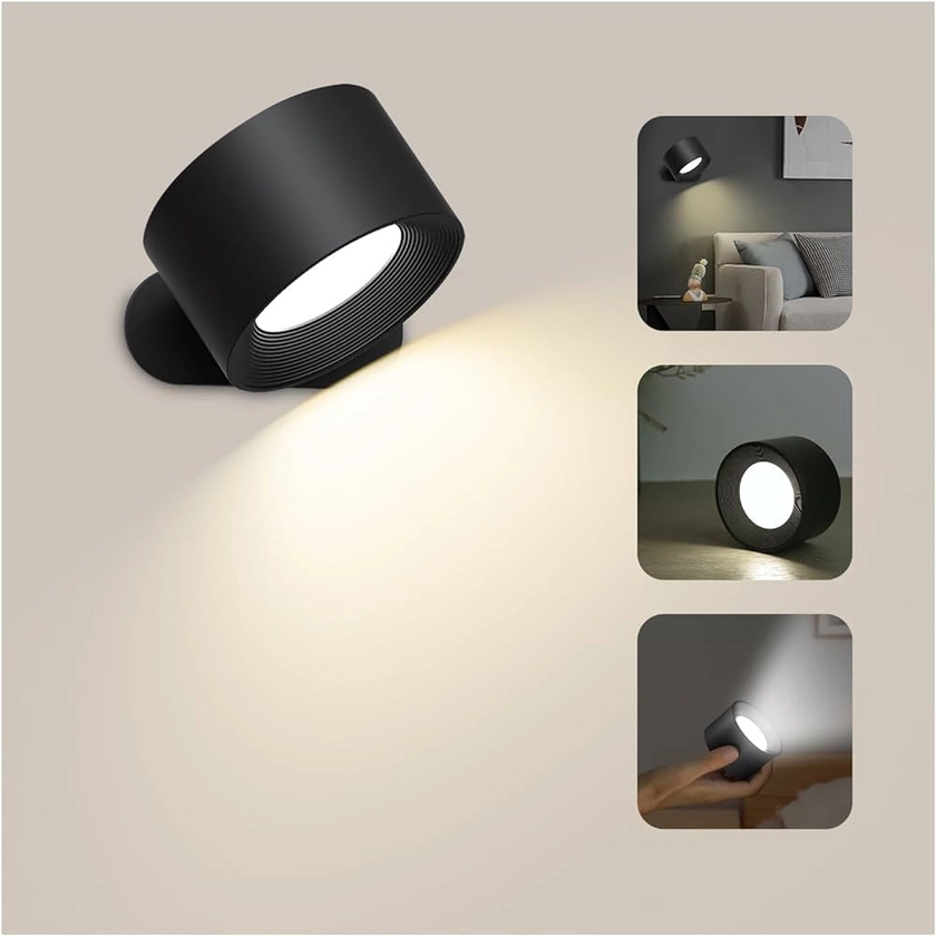 Applique Murale Interieur, Lampe Murale Touch LED avec Port de Charge USB Contrôle Tactile, 3 Niveaux de Luminosité 3 Températures Rotatifs 360° Lampe de Chevet pour Chambre à Coucher 1 Pièce (Noir)