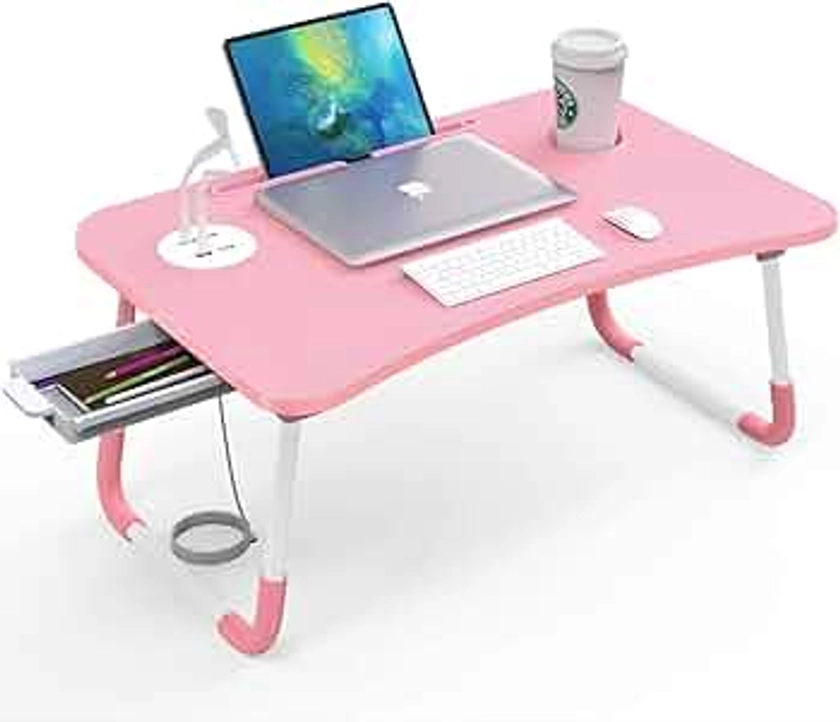 Laptop Bed Table with USB Port, Elekin Portable Bed Tray, Lap Desk with Drawer/Cup Holder for Eating, Writing, Reading, Working on Bed/Couch/Sofa with Little Present (Small Lamp, Small Fan)-Pink