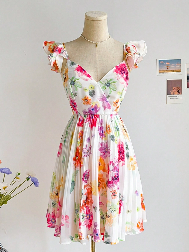 SHEIN WYWH Women's Summer Holiday Rustic Style Casual Dress, Perfect For Easter, Wedding Season, Graduation, Back To School, Garden Parties, Beach Vacations. Features Watercolor Print, 3D Pleating, Umbrella Dress, Tight Waist With Elastic Band And Cute Design, Slim Fit, And Short Length.