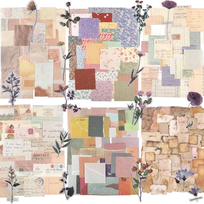 445 PCS Vintage Scrapbook Paper Journaling Scrapbooking Supplies Kit Aesthetic Decorative Craft Paper include 40 Sheet Flowers Stickers for Planner, Bullet Journaling, Junk Journal, Retro Crafts