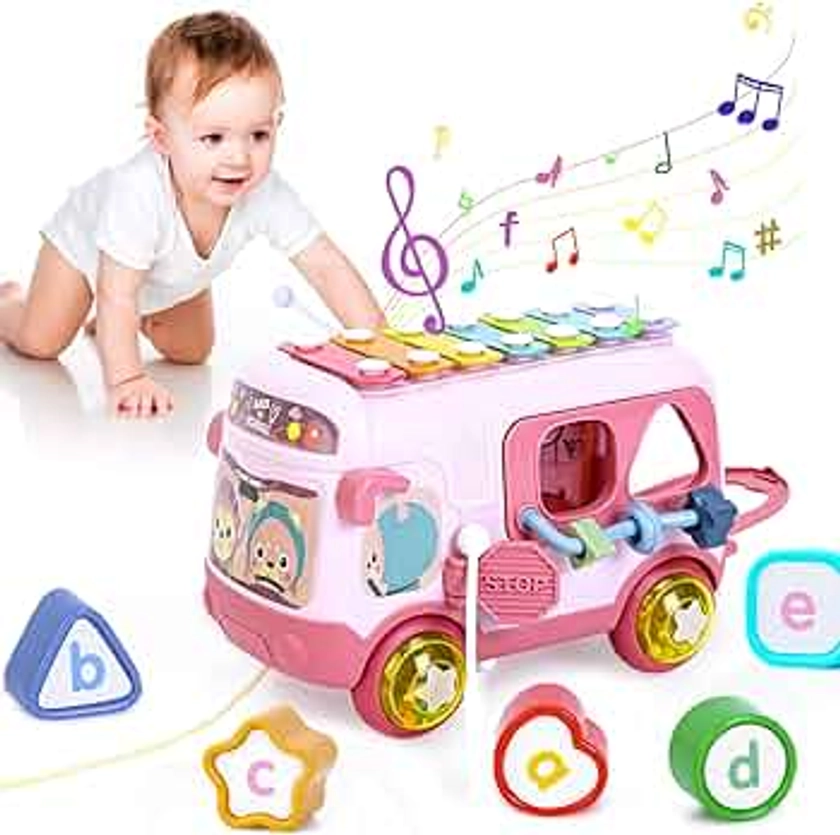 Jouets musicaux pour bébé de 12 à 18 mois pour filles de 1 an, jouets sensoriels avec bus, xylophone, trieur de formes, jouets à tirer pour 12-18 mois, jouets éducatifs précoces, cadeau d'anniversaire