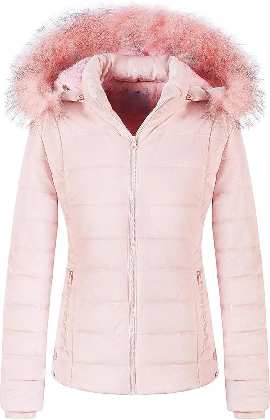 Chrisuno Women's Casual Short Winter Puffer Coat Soft Faux Fur Lining Lightweight Warm Jackets With Removable Hood