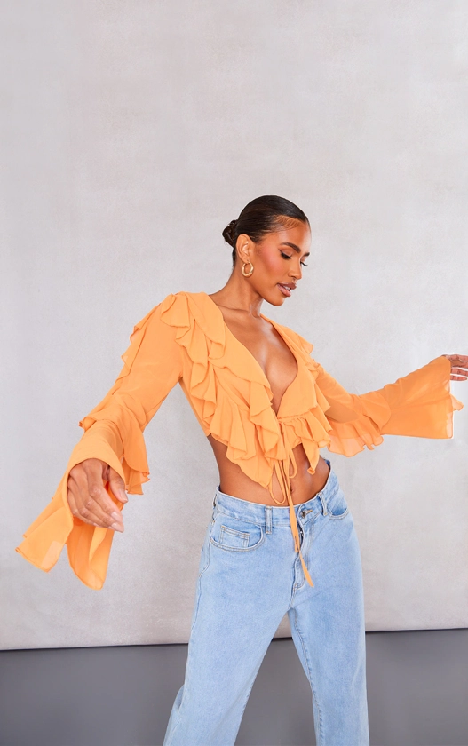 Orange Extreme Frill Tie Front Flare Sleeve Blouse