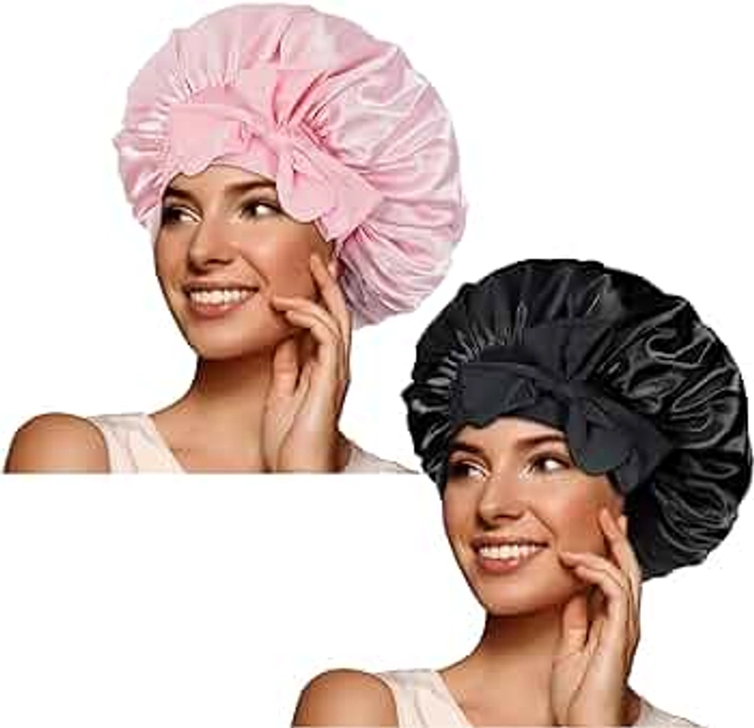 BONNET QUEEN 2pcs Pack Silk Bonnet for Sleeping Women Satin Bonnet Hair Bonnet night sleep cap scarf wrap for curly hair with tie band black pink