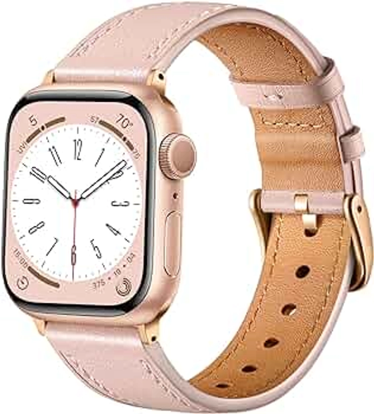 CeMiKa Leather Straps Compatible for Apple Watch Strap 38mm 40mm 41mm, Replacement Genuine Leather Strap Compatible with iWatch Series 9 8 7 6 5 4 3 2 1 SE/Ultra, Men and Women, Pink