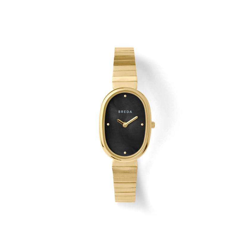 Jane | Metal Oval Watch | 23mm Oval Case | Midnight Black Mother Of Pearl Dial & Gold-Plated Stainless Steel Bracelet | BREDA Watch