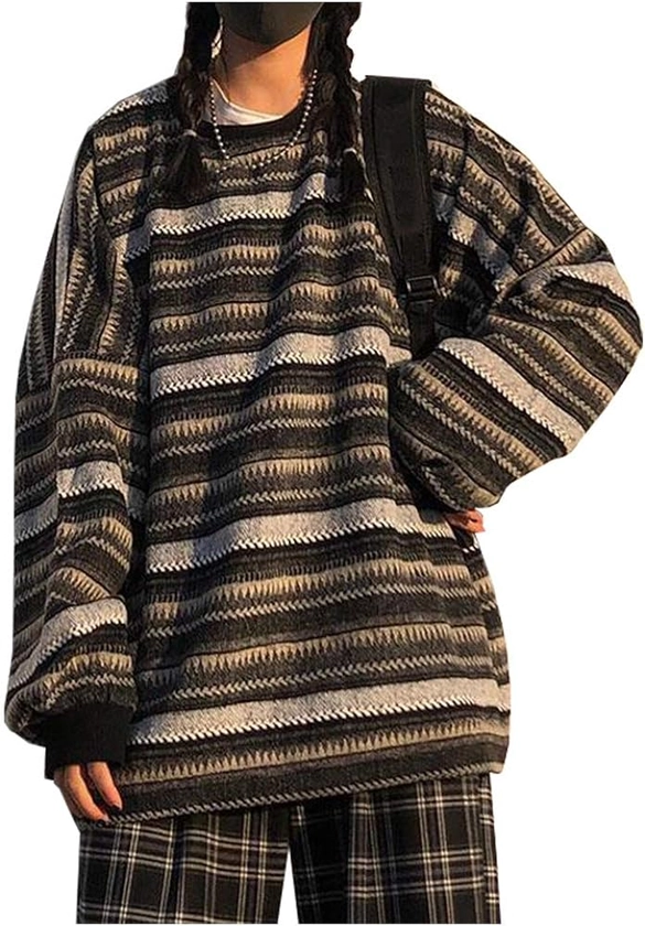 Women Striped Sweatshirt Pullover Oversize Sweater Plus Size Knitted Long Sleeve Tops
