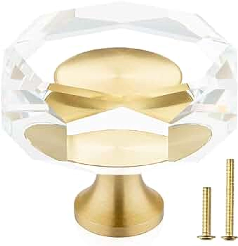 QOGRISUN 10-Pack Brass Crystal Cabinet Knobs,Glass Crystal Gold Drawer Knobs,1-1/4-Inch Polygon,Decorative Dresser Pulls, Modern Cabinet Hardware