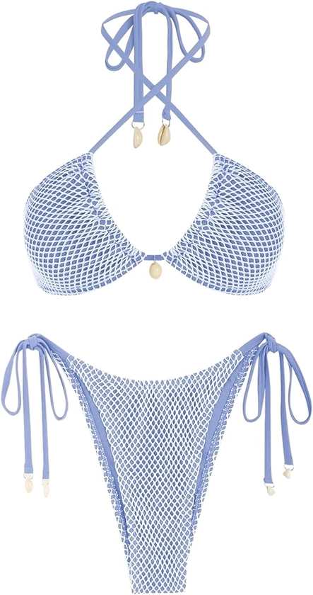 ZAFUL Women's Bikini Set Fishnet Triangle Tie Convertible Collar Halter Bandeau Shell Two Piece Bathing Suit