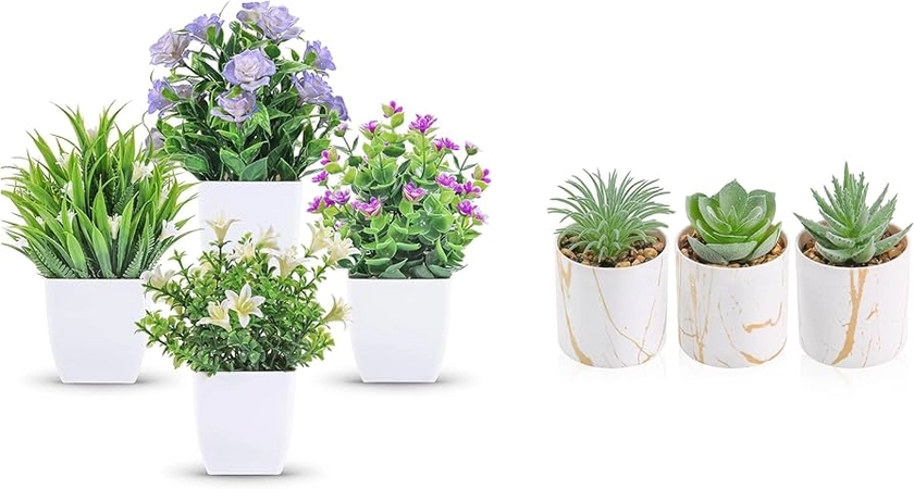 Amazon.com: Der Rose Bundle of 3 Packs Small Fake Plants and 4 Packs Small Fake Plants with Flowers for Home Room Farmhouse Bathroom Decor Indoor : Home & Kitchen