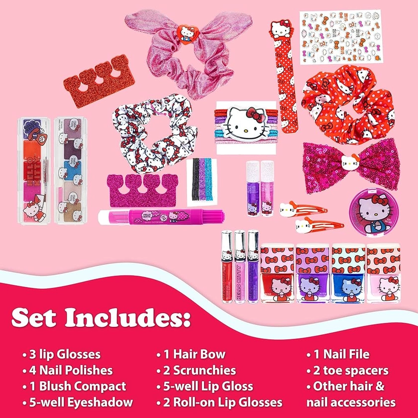 Hello Kitty - Townley Girl Train Case Cosmetic Makeup Set Includes Lip Gloss, Eye Shimmer, Nail Polish, Hair Accessories & More! For Girls, Ages 3+ Perfect for Parties & Makeovers