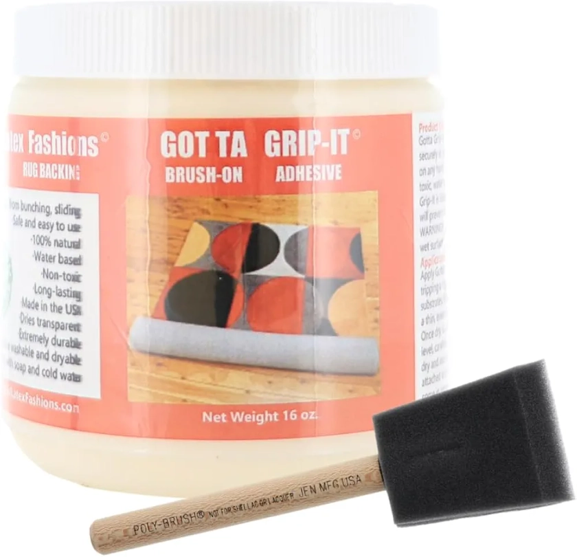 Gotta Grip-It Non-Slip Rug Fixative Gum 16 Oz + 2inch Jen Foam Brush - Safe and Easy to Use, Machine Washable and Dryer Safe, Backings Adhesive, Natural, Pack with 1 Jen Foam Brush