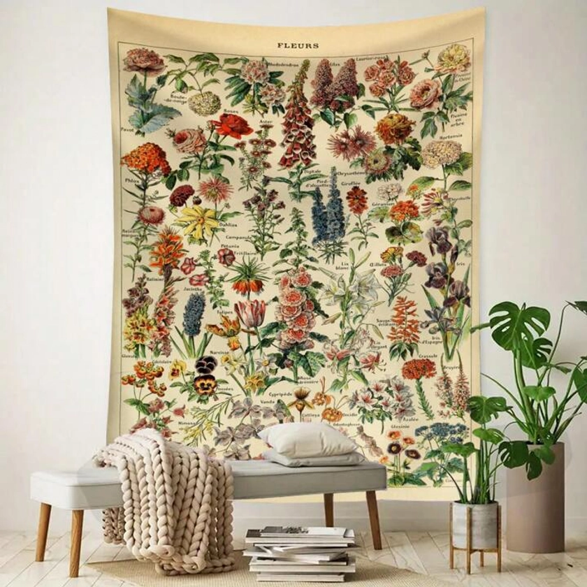 1pc Floral Encyclopedia Pattern Tapestry, Plant Print Wall Hanging Decorative Fabric Cloth, For Room, Bedroom, Dorm, Living Room Backdrop Wall