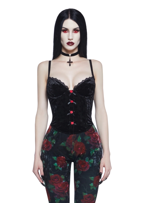 Widow Vampire Goth Crushed Velvet Rosette Bows Corset Top - Black